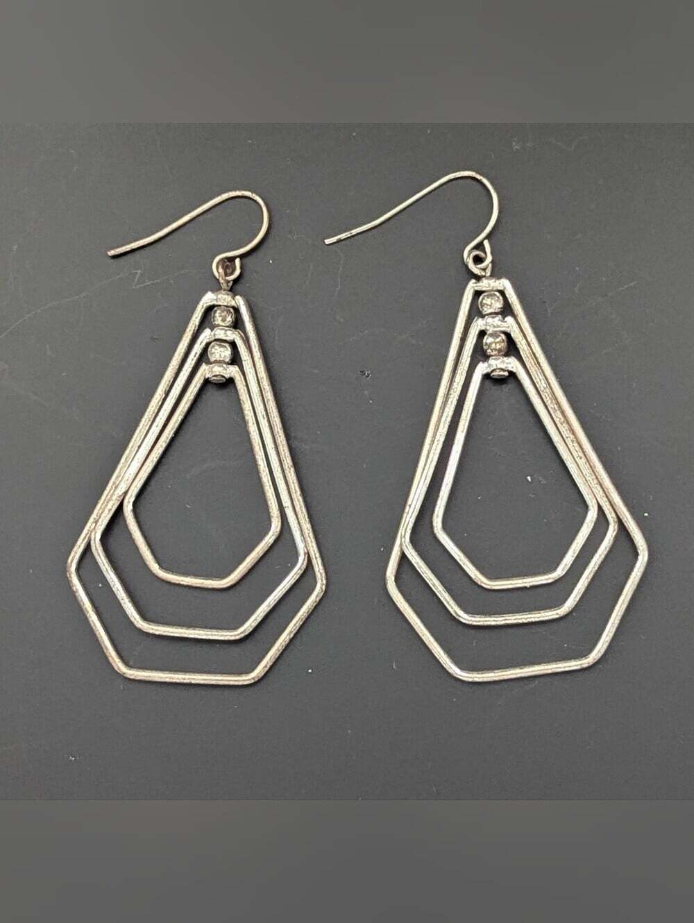Silver-Tone Geometric-Shaped 3 Tiered Layered Drop Dangling Pierced Earrings